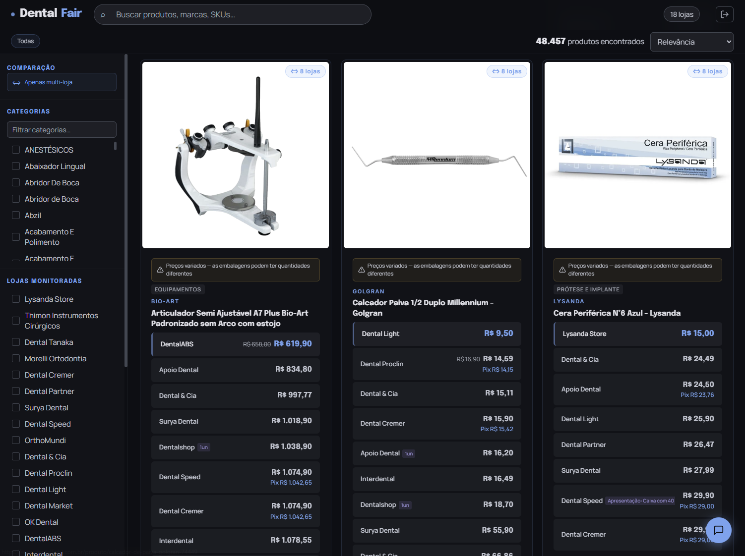 Interface do Dental Fair mostrando busca, filtros e comparação de preços entre distribuidoras
